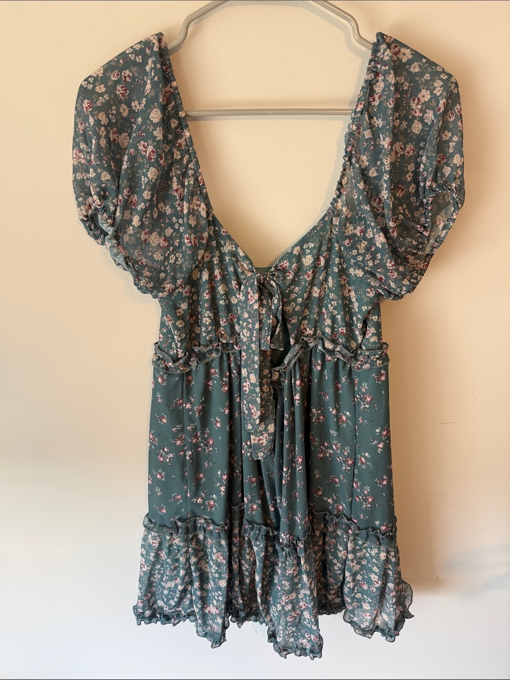 Floral Tie-Front Mini Dress in Teal Green